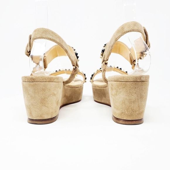 Christian Louboutin Platform Sandals Flat Wedge Gold Brown Spike Stud Tan EU 38 - Picture 7 of 9